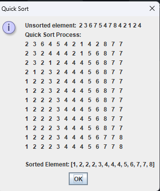 Quick sort dialog showing the unsorted array, each swap step, and the sorted result